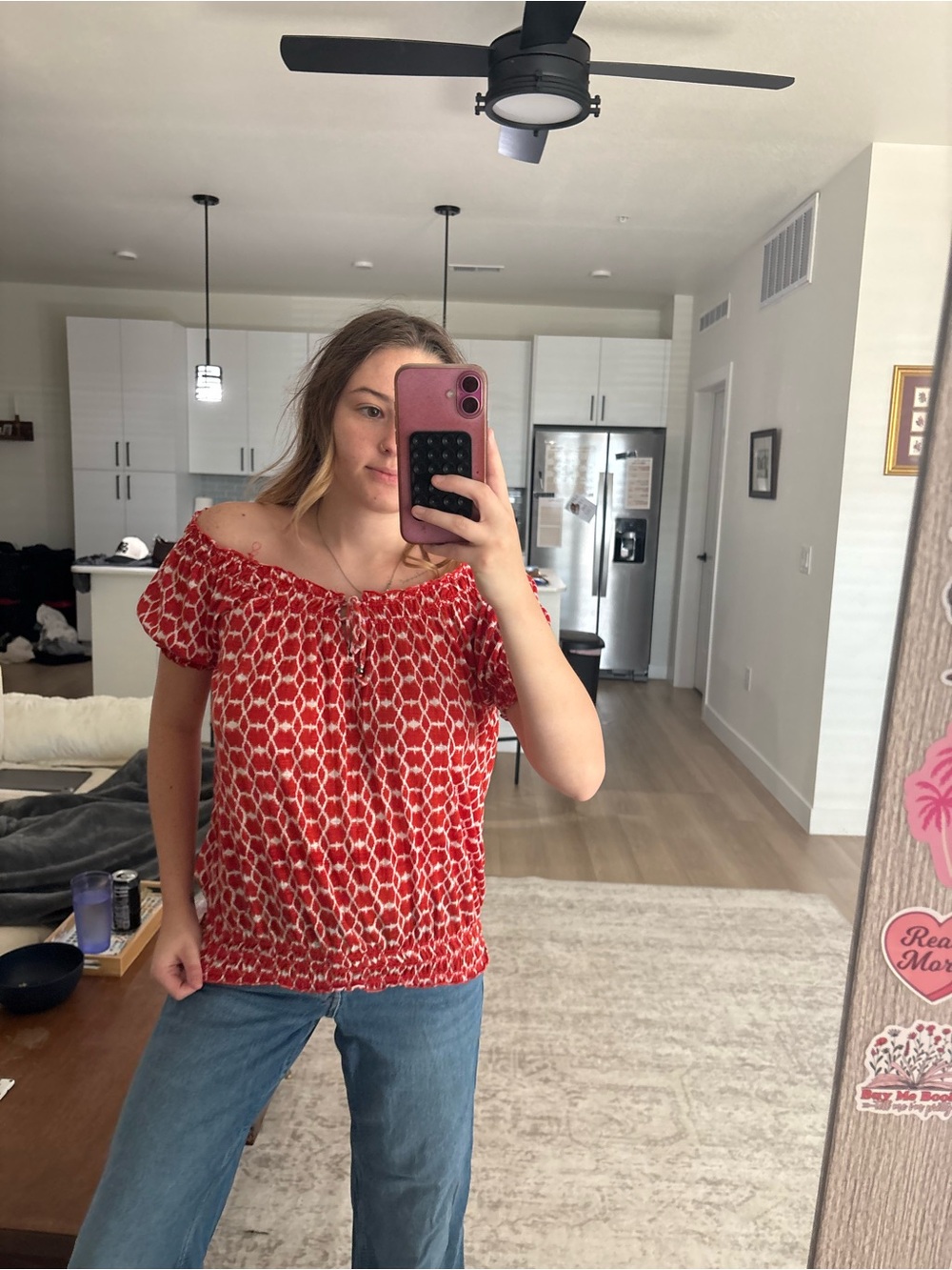 Faded Glory Red Off-Shoulder Geometric Print Blouse